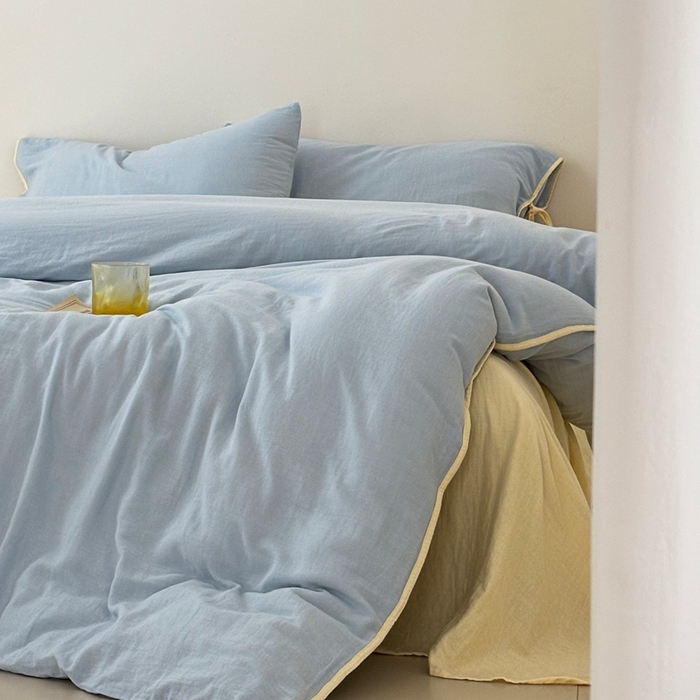 91家纺网 家纺一手货源 找家纺 （总）FORTWO家纺原创设计（FOR TWO家纺） 2025新款双层纱撞色包边蝴蝶结款四件套-海盐