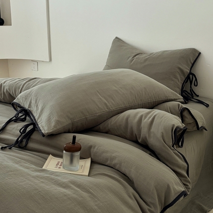 91家纺网 家纺一手货源 找家纺 （总）FORTWO家纺原创设计（FOR TWO家纺） 2025新款双层纱撞色包边蝴蝶结款四件套-海盐