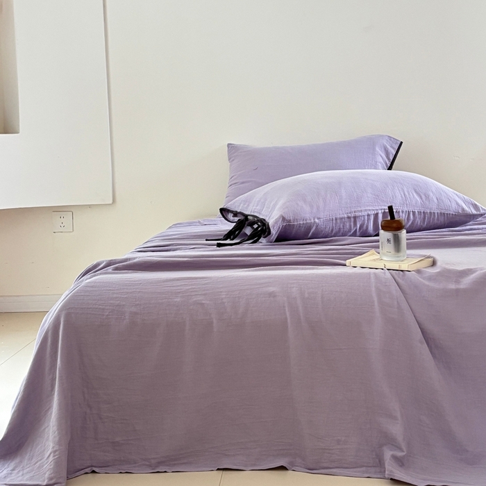 91家纺网 家纺一手货源 找家纺 FORTWO家纺原创设计（FOR TWO家纺） 2025新款双层纱撞色包边蝴蝶结款四件套-海盐 海盐-木槿紫