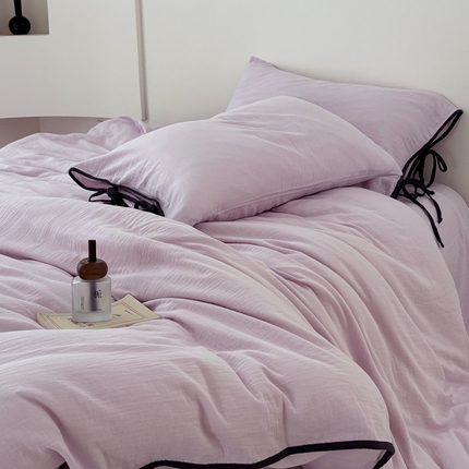 FORTWO家纺原创设计（FOR TWO家纺） 2025新款双层纱撞色包边蝴蝶结款四件套-海盐 海盐-樱落紫