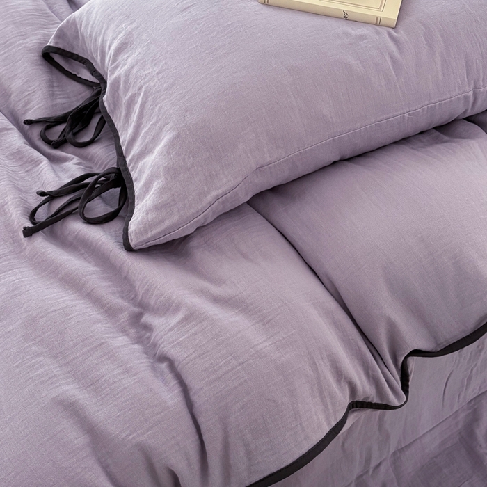 91家纺网 家纺一手货源 找家纺 FORTWO家纺原创设计（FOR TWO家纺） 2025新款双层纱撞色包边蝴蝶结款四件套-海盐 海盐-木槿紫