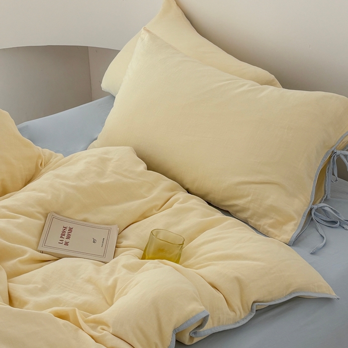 91家纺网 家纺一手货源 找家纺 FORTWO家纺原创设计（FOR TWO家纺） 2025新款双层纱撞色包边蝴蝶结款四件套-海盐 海盐-香草黄