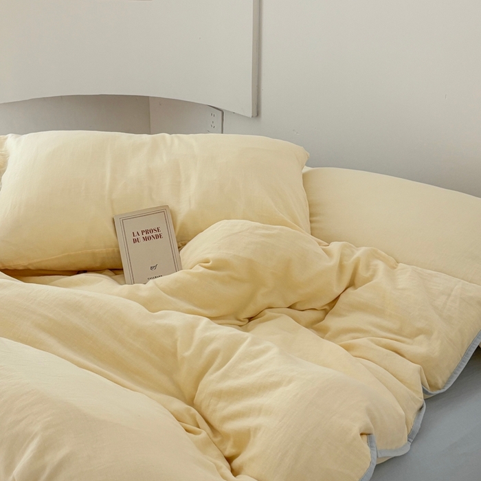 91家纺网 家纺一手货源 找家纺 FORTWO家纺原创设计（FOR TWO家纺） 2025新款双层纱撞色包边蝴蝶结款四件套-海盐 海盐-香草黄