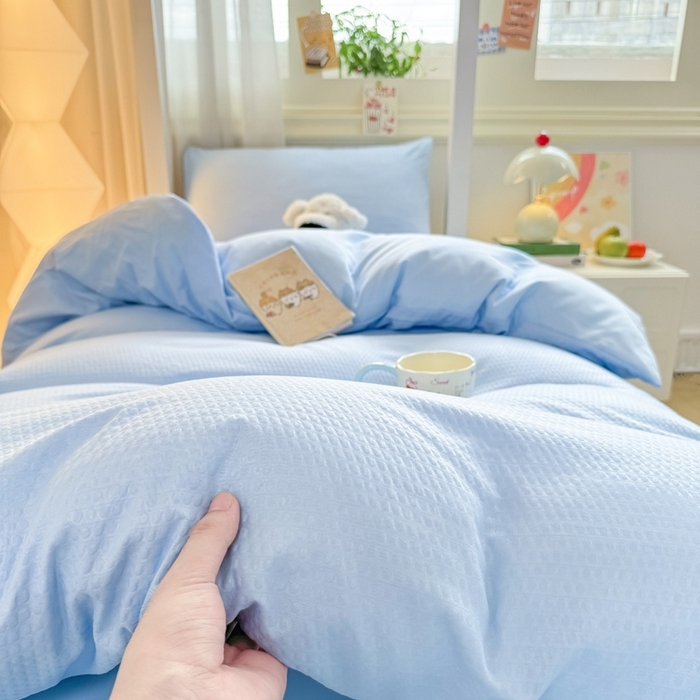 91家纺网 家纺一手货源 找家纺 （总）麒东家纺 2025新款圆豆纱华夫格学生三件套