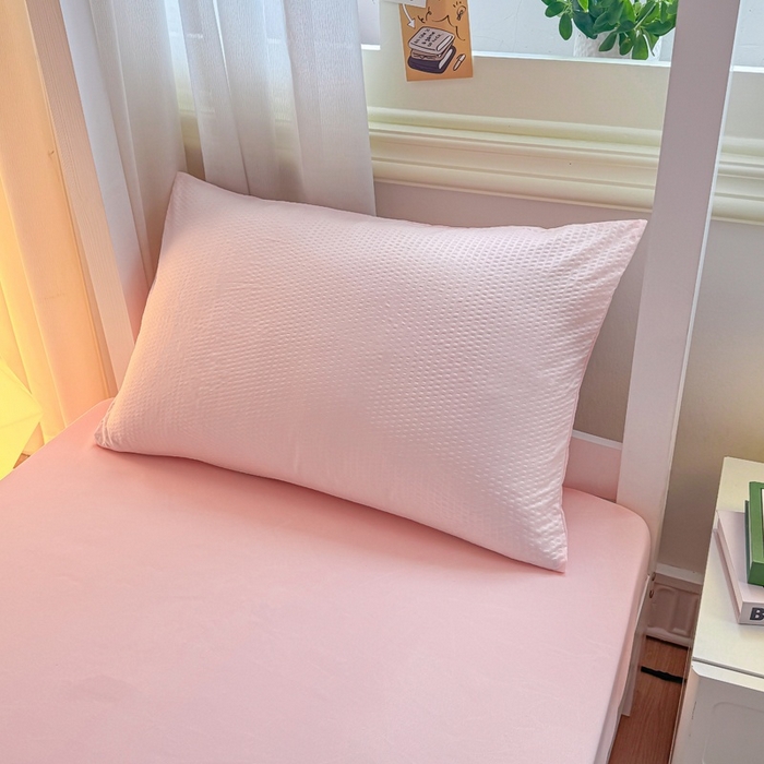 91家纺网 家纺一手货源 找家纺 麒东家纺 2025新款圆豆纱华夫格学生三件套 粉色