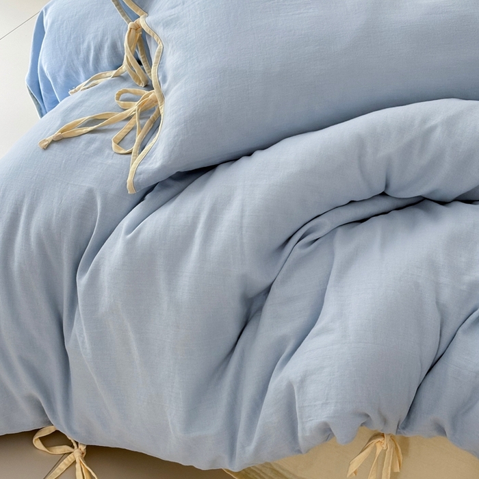 91家纺网 家纺一手货源 找家纺 FORTWO家纺原创设计（FOR TWO家纺） 2025新款双层纱撞色包边蝴蝶结款四件套-海盐 海盐-水蓝