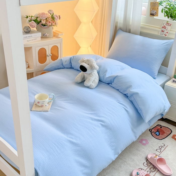 91家纺网 家纺一手货源 找家纺 （总）麒东家纺 2025新款圆豆纱华夫格学生三件套