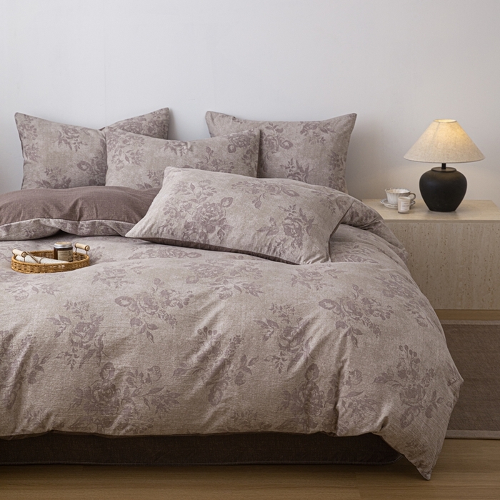 91家纺网 家纺一手货源 找家纺 芯贝儿 2025秋冬新品加厚原麻复古风亚麻皱皱双层纱水洗m四件套 风木槿-咖