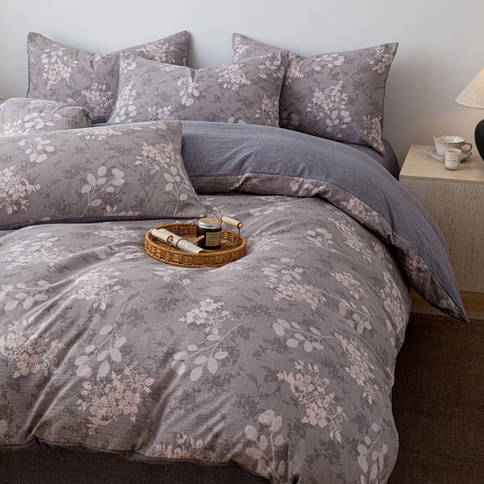 91家纺网 家纺一手货源 找家纺 芯贝儿 2025秋冬新品加厚原麻复古风亚麻皱皱双层纱水洗m四件套 可颂--灰