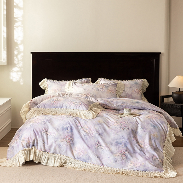 91家纺网 家纺一手货源 找家纺 迷尚家居 2025新款全棉60支磨毛花边款四件套 绒花梦境