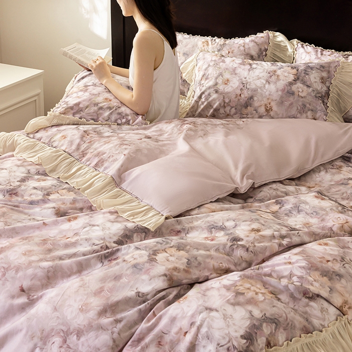 91家纺网 家纺一手货源 找家纺 迷尚家居 2025新款全棉60支磨毛花边款四件套 梦里繁花