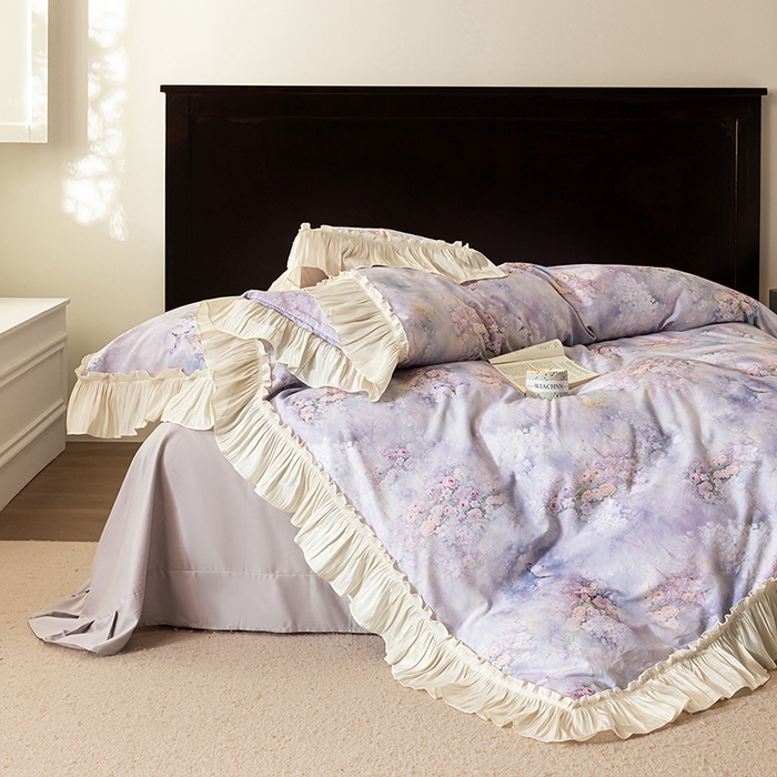 91家纺网 家纺一手货源 找家纺 迷尚家居 2025新款全棉60支磨毛花边款四件套 绒花梦境