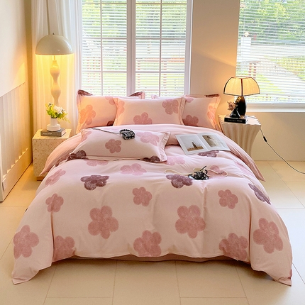 威布斯 2025新疆棉全棉生态加厚磨毛四件套莫拉慕斯-粉