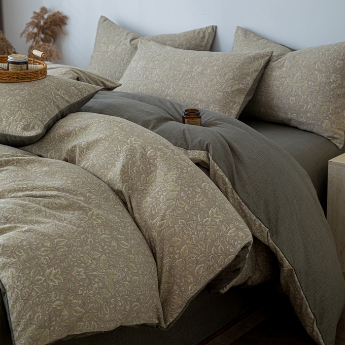 91家纺网 家纺一手货源 找家纺 芯贝儿 2025秋冬新品加厚原麻复古风亚麻皱皱双层纱水洗m四件套 古奈--绿