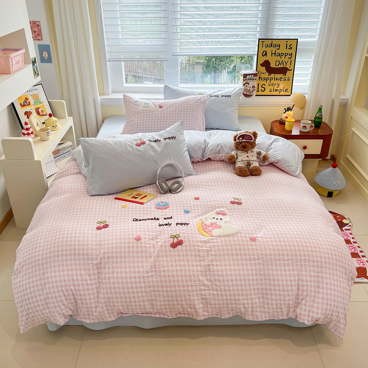 桃心家居 2025新款A类亲肤舒适软糯云柔水洗棉少女卡通格子混搭毛巾绣水洗棉系列四件套 云柔水洗棉-毛巾绣樱桃小兔