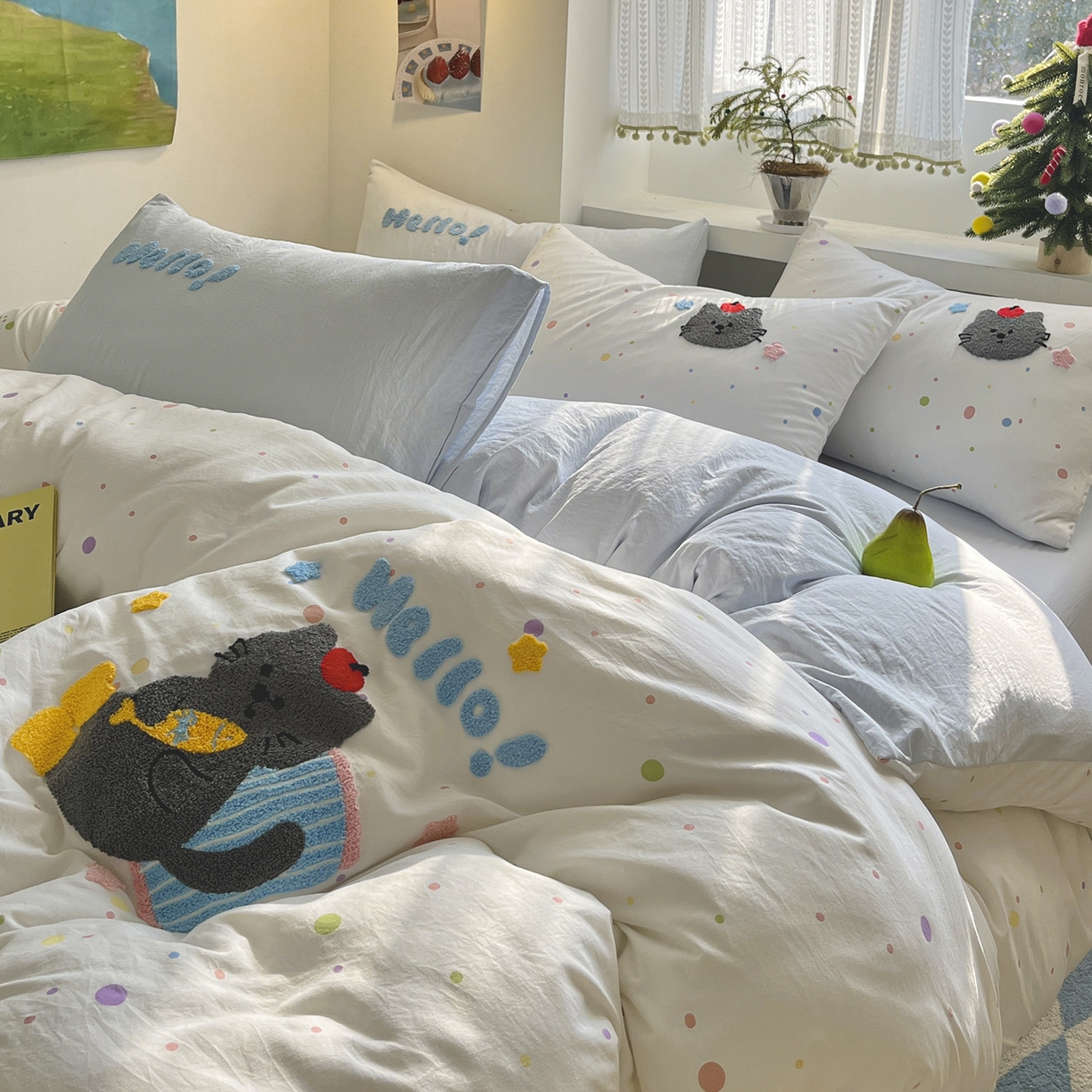 91家纺网 家纺一手货源 找家纺 桃心家居 2025新款A类亲肤舒适软糯云柔水洗棉少女卡通格子混搭毛巾绣水洗棉系列四件套 云柔水洗棉-印加绣爱吃鱼