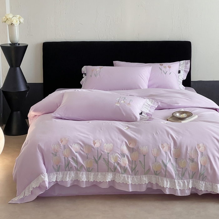 91家纺网 家纺一手货源 找家纺 卡姿家纺 2025秋冬森系小清新简约刺绣四件套-森系郁金香 森系郁金香-紫