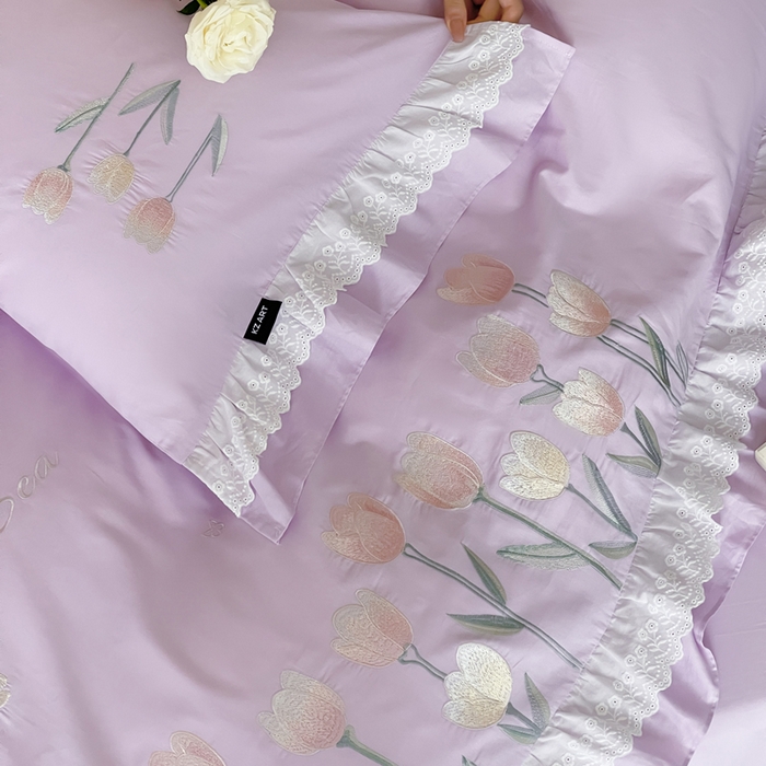 91家纺网 家纺一手货源 找家纺 卡姿家纺 2025秋冬森系小清新简约刺绣四件套-森系郁金香 森系郁金香-紫