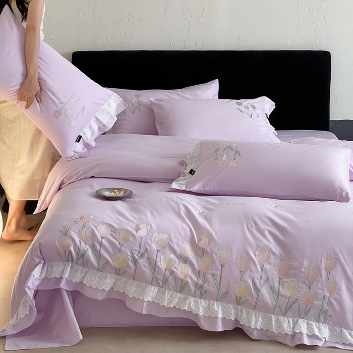 91家纺网 家纺一手货源 找家纺 卡姿家纺 2025秋冬森系小清新简约刺绣四件套-森系郁金香 森系郁金香-紫