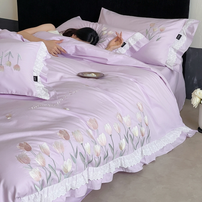 卡姿家纺 2025秋冬森系小清新简约刺绣四件套-森系郁金香 森系郁金香-紫