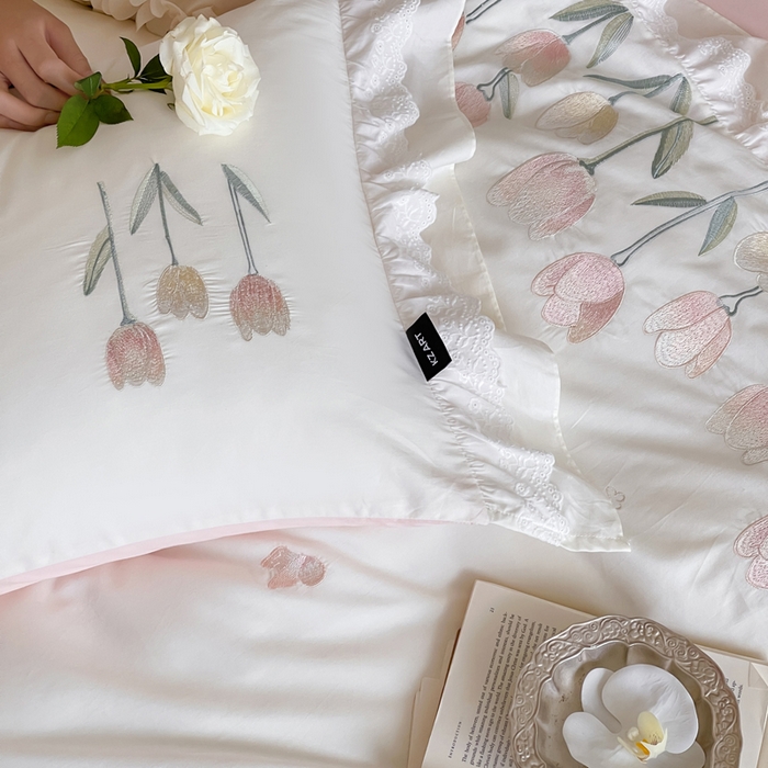 91家纺网 家纺一手货源 找家纺 （总）卡姿家纺 2025秋冬森系小清新简约刺绣四件套-森系郁金香