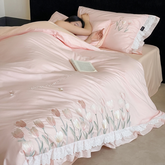 91家纺网 家纺一手货源 找家纺 （总）卡姿家纺 2025秋冬森系小清新简约刺绣四件套-森系郁金香