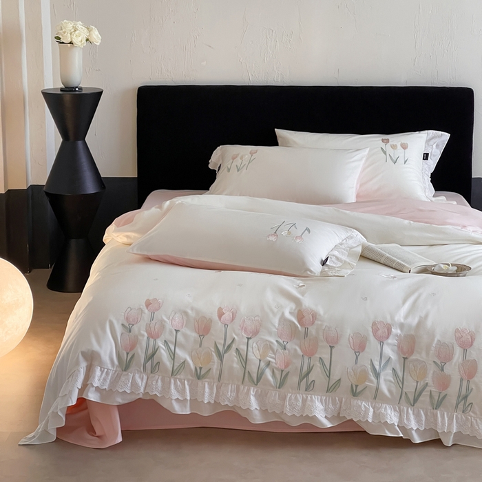 91家纺网 家纺一手货源 找家纺 （总）卡姿家纺 2025秋冬森系小清新简约刺绣四件套-森系郁金香