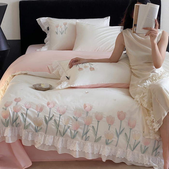 （总）卡姿家纺 2025秋冬森系小清新简约刺绣四件套-森系郁金香