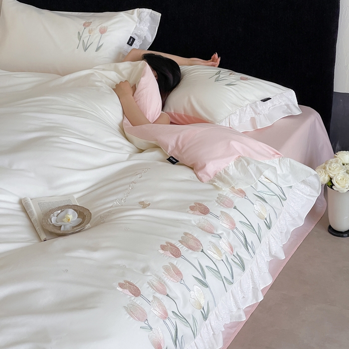 91家纺网 家纺一手货源 找家纺 （总）卡姿家纺 2025秋冬森系小清新简约刺绣四件套-森系郁金香