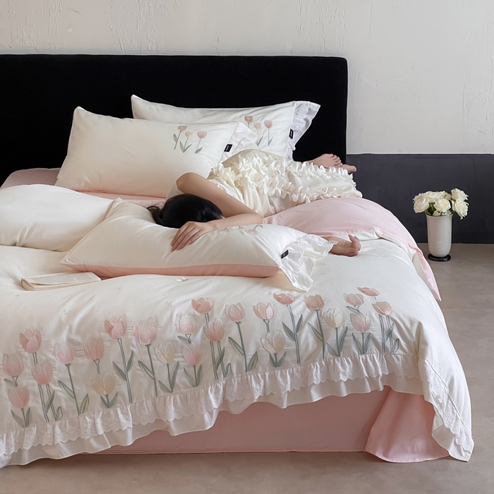 91家纺网 家纺一手货源 找家纺 （总）卡姿家纺 2025秋冬森系小清新简约刺绣四件套-森系郁金香