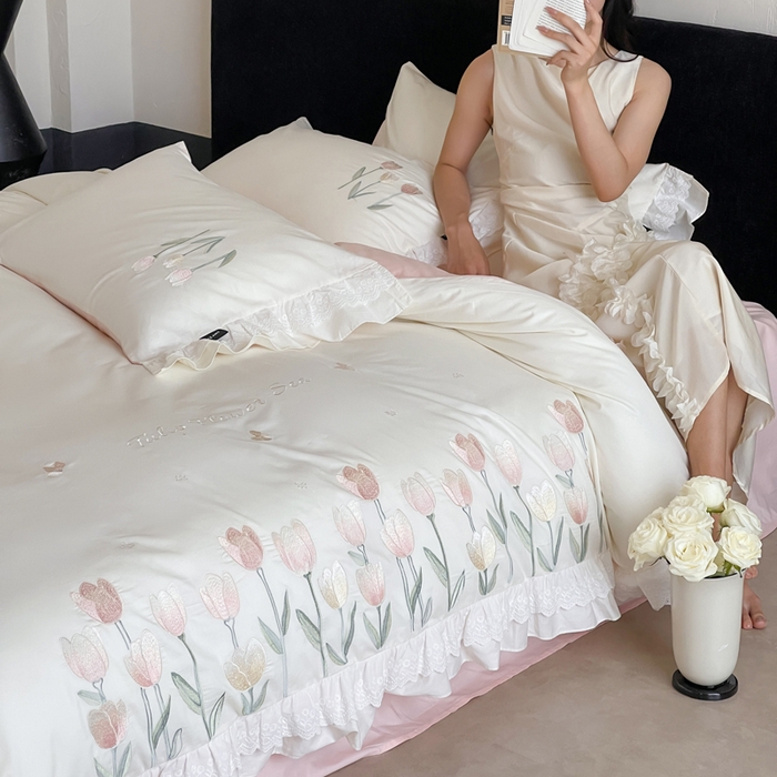 91家纺网 家纺一手货源 找家纺 （总）卡姿家纺 2025秋冬森系小清新简约刺绣四件套-森系郁金香