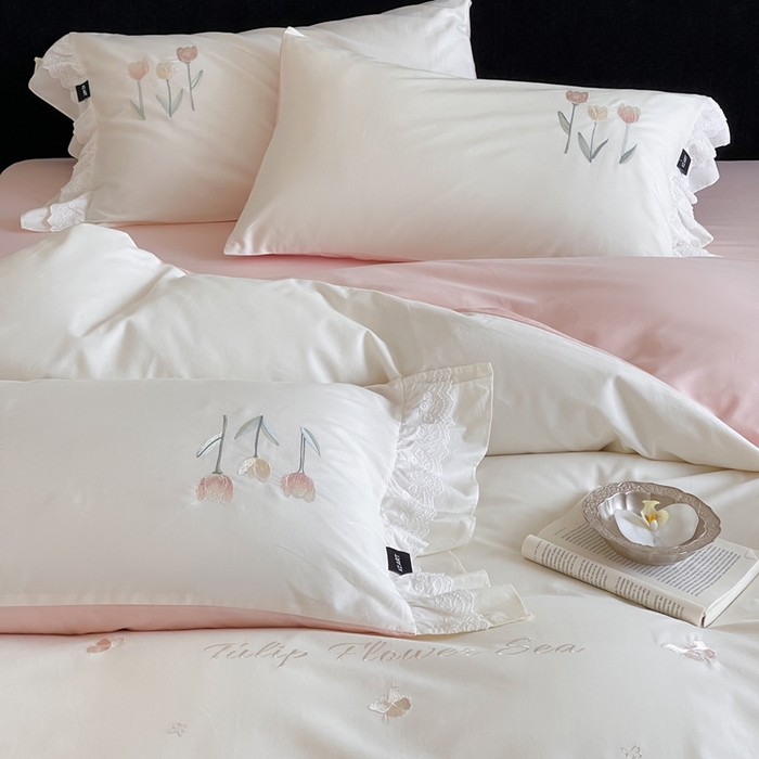 91家纺网 家纺一手货源 找家纺 卡姿家纺 2025秋冬森系小清新简约刺绣四件套-森系郁金香 森系郁金香-白