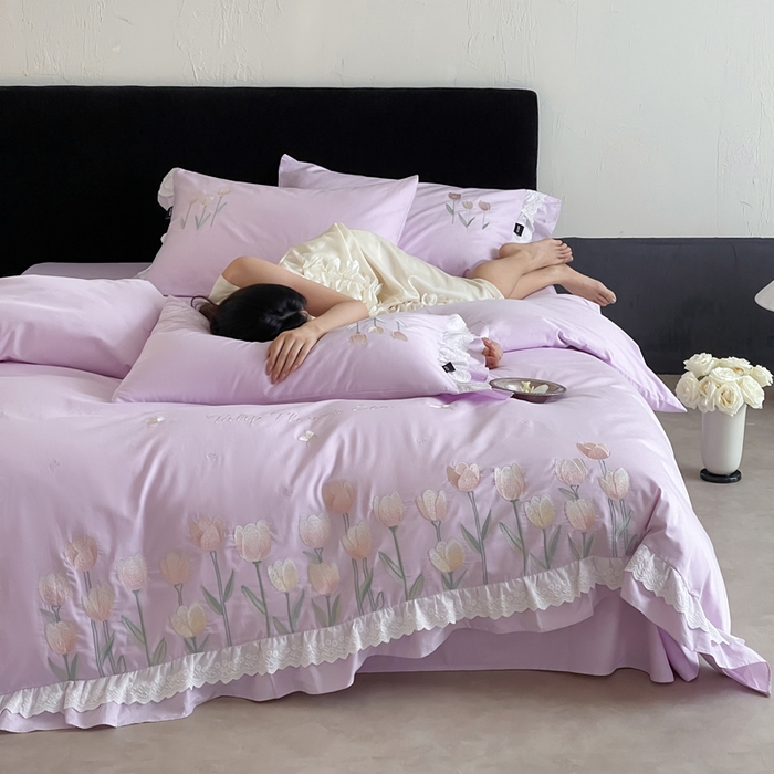 91家纺网 家纺一手货源 找家纺 卡姿家纺 2025秋冬森系小清新简约刺绣四件套-森系郁金香 森系郁金香-紫