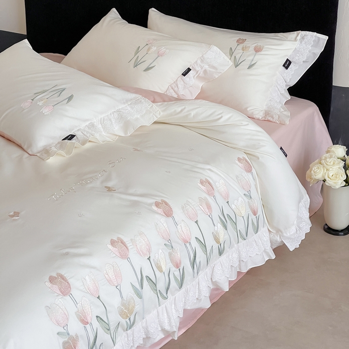 91家纺网 家纺一手货源 找家纺 卡姿家纺 2025秋冬森系小清新简约刺绣四件套-森系郁金香 森系郁金香-白