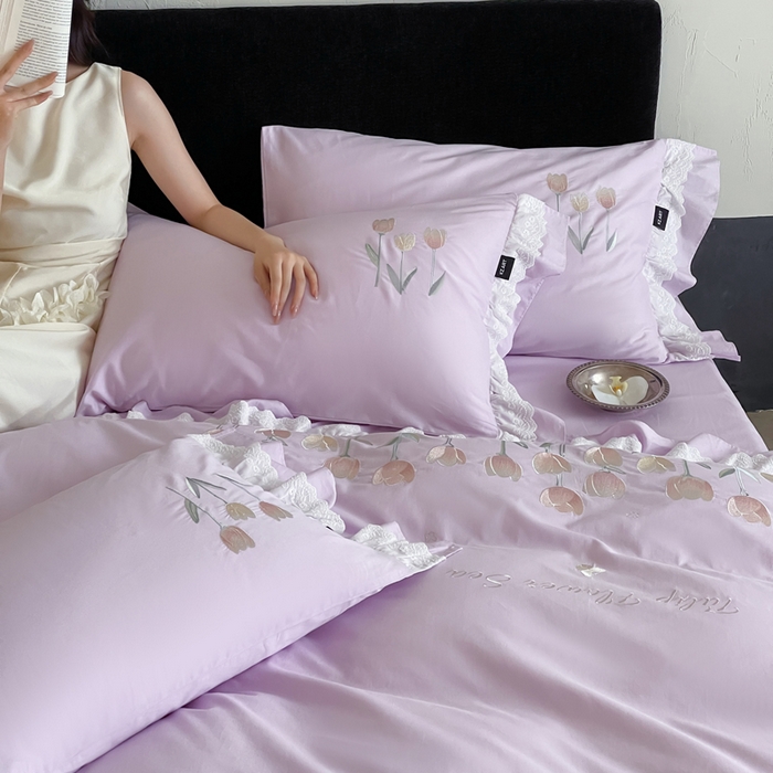 91家纺网 家纺一手货源 找家纺 卡姿家纺 2025秋冬森系小清新简约刺绣四件套-森系郁金香 森系郁金香-紫