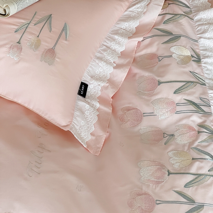 91家纺网 家纺一手货源 找家纺 卡姿家纺 2025秋冬森系小清新简约刺绣四件套-森系郁金香 森系郁金香-粉