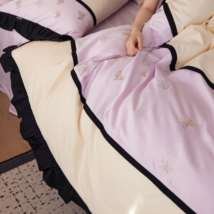 91家纺网 家纺一手货源 找家纺 卡姿家纺 2025秋冬60支长绒棉名媛风刺绣四件套-蝴蝶安娜 蝴蝶安娜-紫