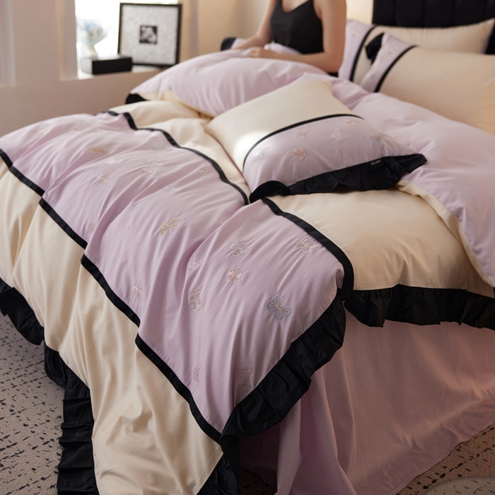 91家纺网 家纺一手货源 找家纺 卡姿家纺 2025秋冬60支长绒棉名媛风刺绣四件套-蝴蝶安娜 蝴蝶安娜-紫