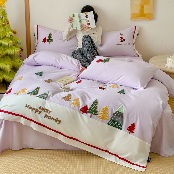 91家纺网 家纺一手货源 找家纺 （总）卡姿家纺 2025秋冬森系北欧风毛巾绣四件套-森林秘境