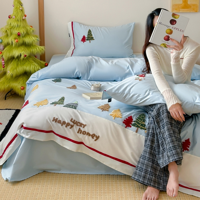 91家纺网 家纺一手货源 找家纺 （总）卡姿家纺 2025秋冬森系北欧风毛巾绣四件套-森林秘境