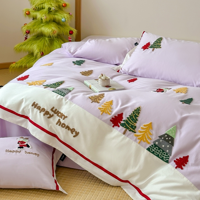 91家纺网 家纺一手货源 找家纺 卡姿家纺 2025秋冬森系北欧风毛巾绣四件套-森林秘境 森林秘境-紫