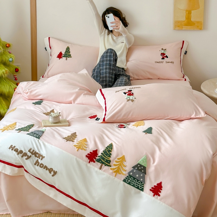 91家纺网 家纺一手货源 找家纺 （总）卡姿家纺 2025秋冬森系北欧风毛巾绣四件套-森林秘境