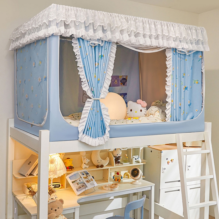 91家纺网 家纺一手货源 找家纺 安金蚊帐2025新款加高加大90*200*130上下铺学生蚊帐100%遮光法式印花 法式印花-蓝