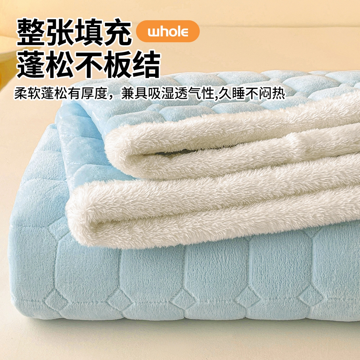 91家纺网 家纺一手货源 找家纺 雯豆家纺 2025冬季新款纯色宿舍牛奶绒夹棉床垫床护垫素色保护套牛奶绒床褥-天蓝