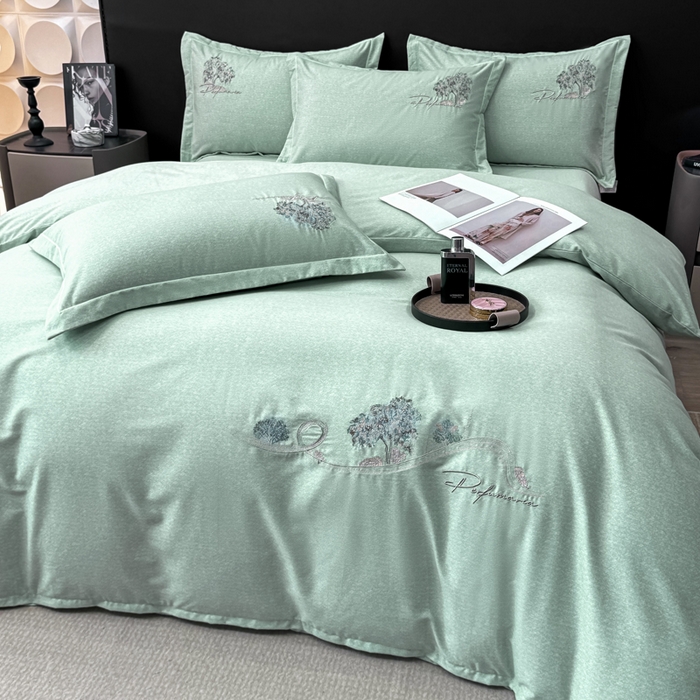 91家纺网 家纺一手货源 找家纺 昊翔家纺 2025新款全棉肌理纹磨毛绣花四件套套件 森沐-青茶绿