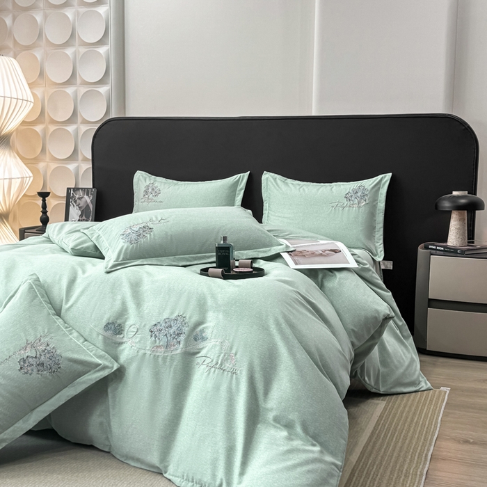 91家纺网 家纺一手货源 找家纺 昊翔家纺 2025新款全棉肌理纹磨毛绣花四件套套件 森沐-青茶绿