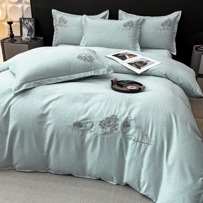 91家纺网 家纺一手货源 找家纺 昊翔家纺 2025新款全棉肌理纹磨毛绣花四件套套件 森沐-湖蓝