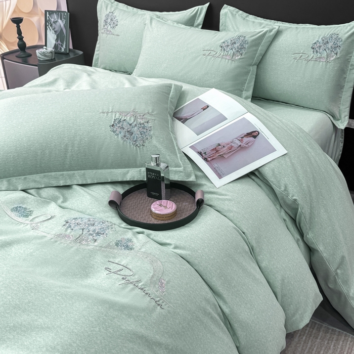 91家纺网 家纺一手货源 找家纺 昊翔家纺 2025新款全棉肌理纹磨毛绣花四件套套件 森沐-青茶绿