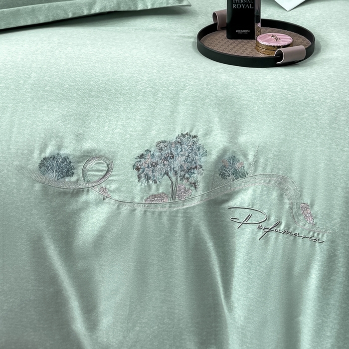 91家纺网 家纺一手货源 找家纺 昊翔家纺 2025新款全棉肌理纹磨毛绣花四件套套件 森沐-青茶绿