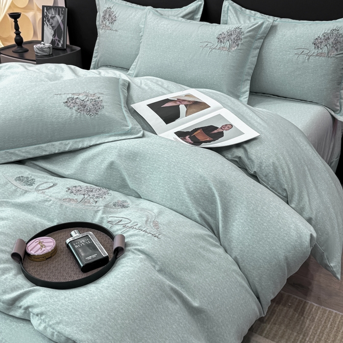 91家纺网 家纺一手货源 找家纺 昊翔家纺 2025新款全棉肌理纹磨毛绣花四件套套件 森沐-湖蓝